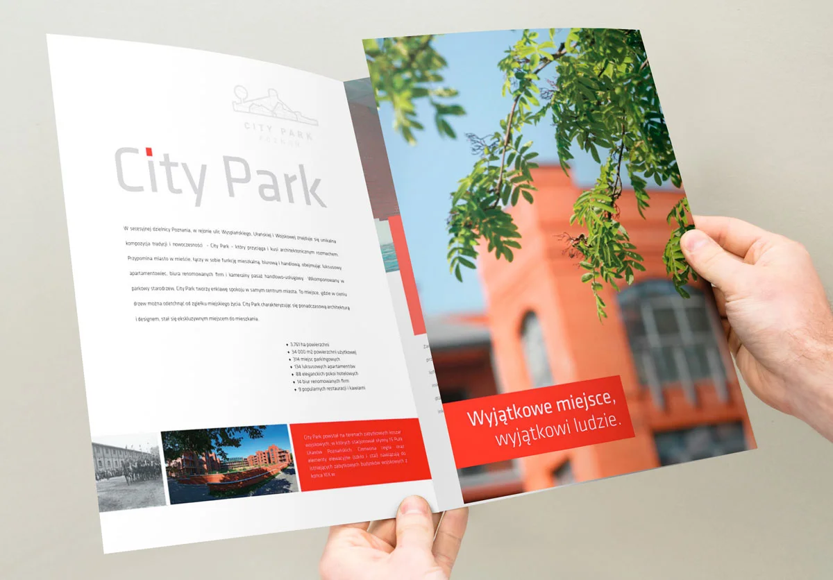 Projekt graficzny stron ze zdjęciami architektury i apartamentów City Park Poznań