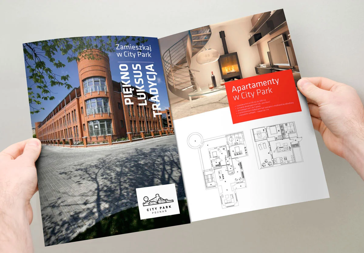 Skład DTP i layout rozkładówki folderu wizerunkowego City Park Poznań