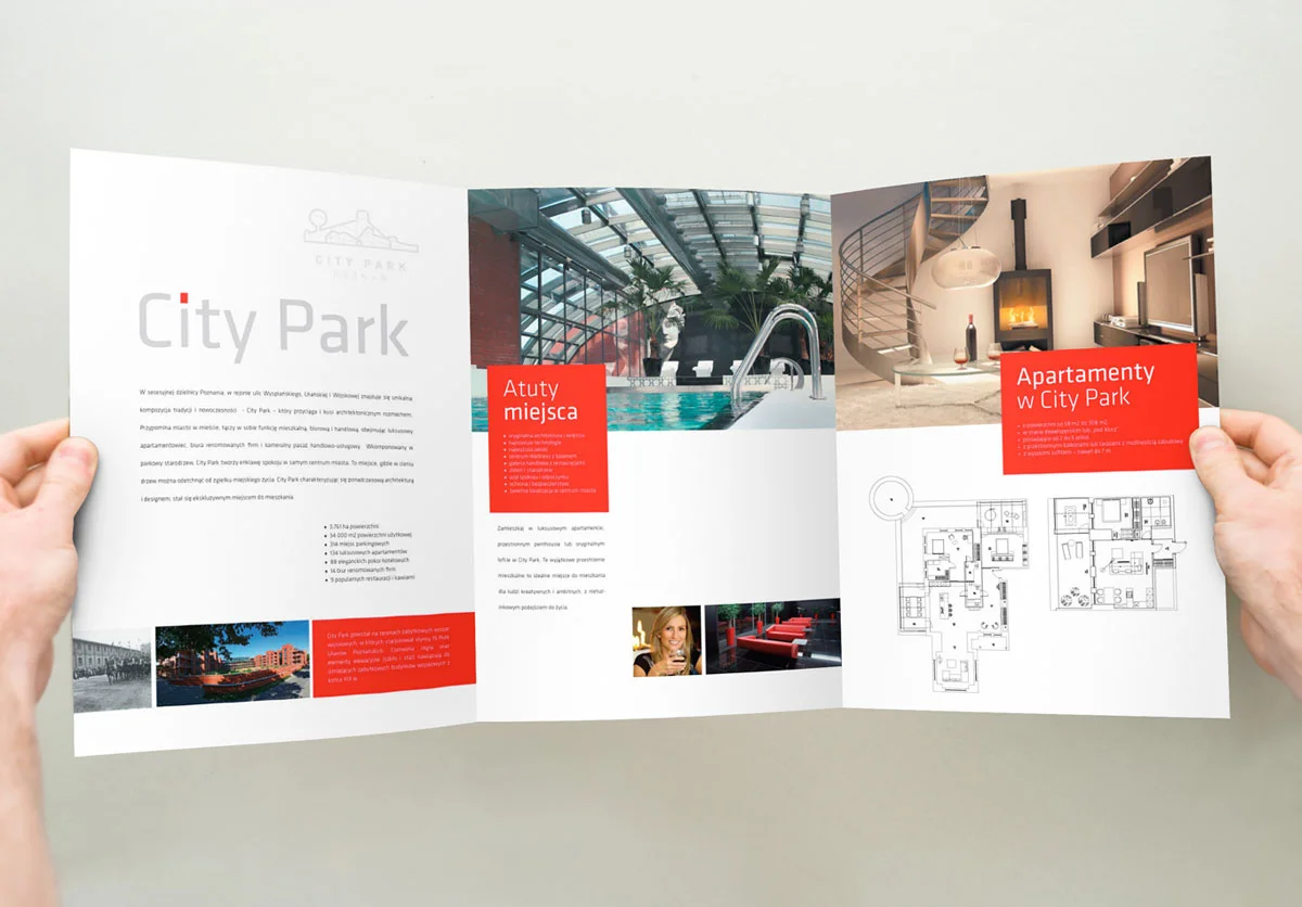 Skład DTP i layout rozkładówki folderu wizerunkowego City Park Poznań
