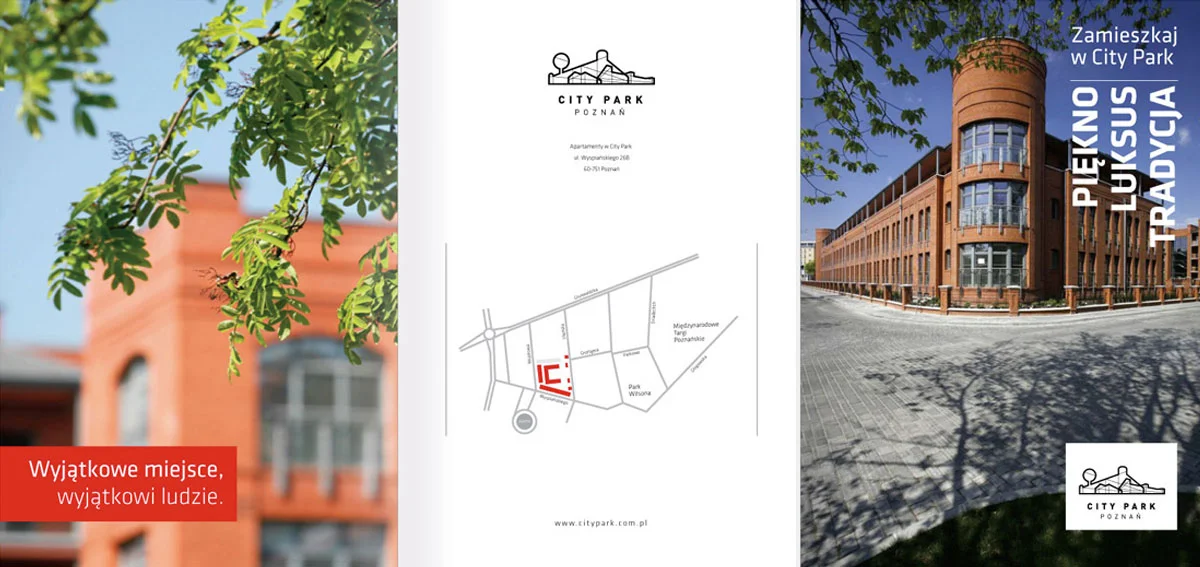 Projekt graficzny stron ze zdjęciami architektury i apartamentów City Park Poznań